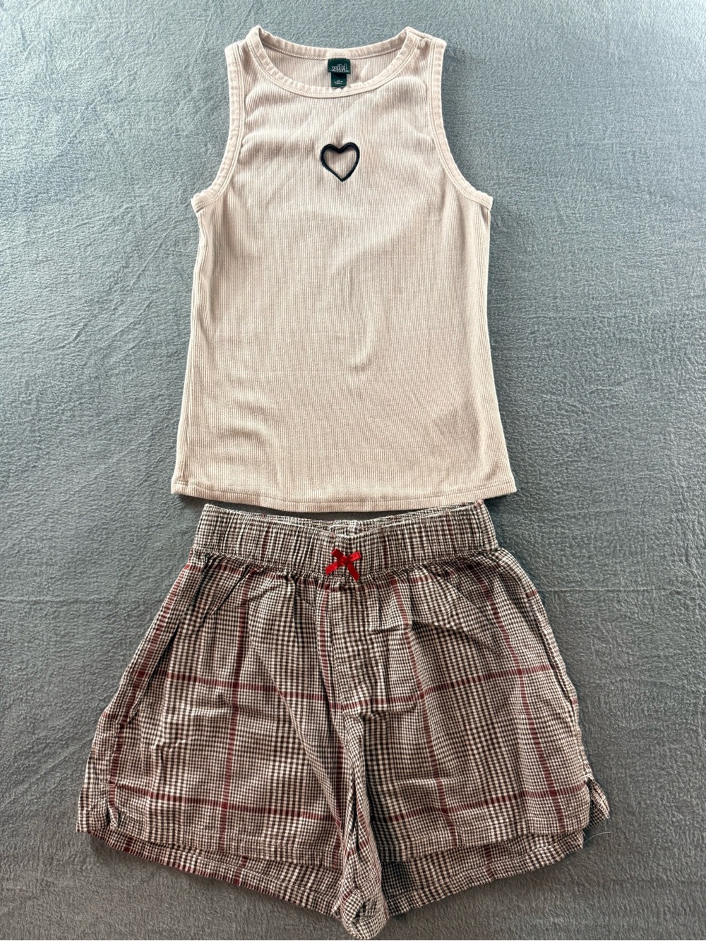 wild fable Cream Ribbed Tank Top and Brown Plaid Shorts Sleep Set.